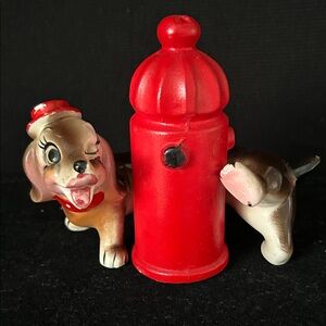 Charming Dog Figurine Set with Red Fire Hydrant